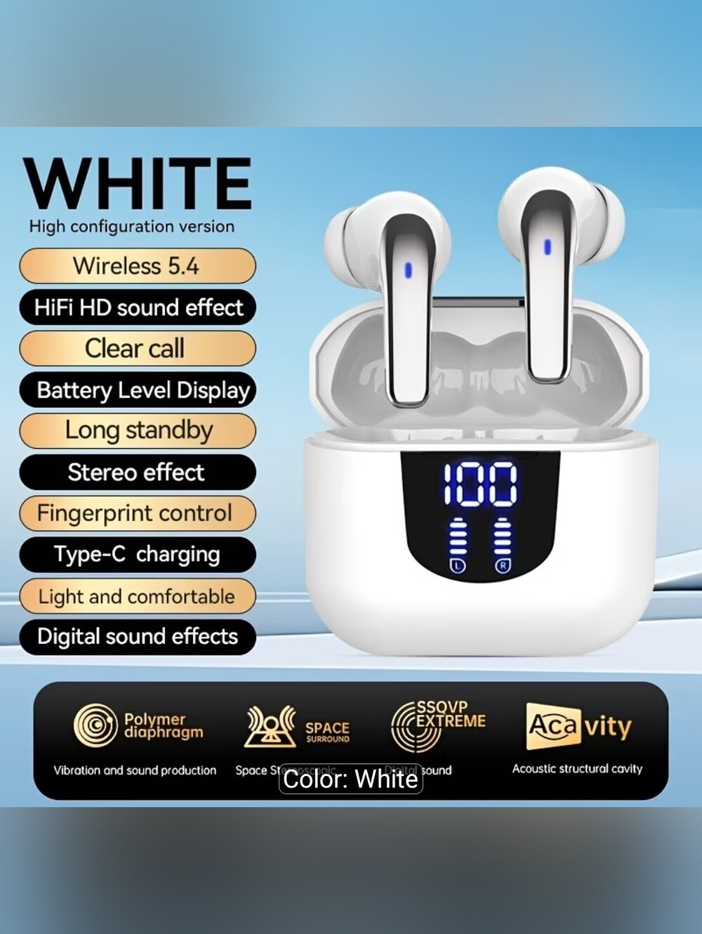 White True Wireless Earbuds with LED Charging Case